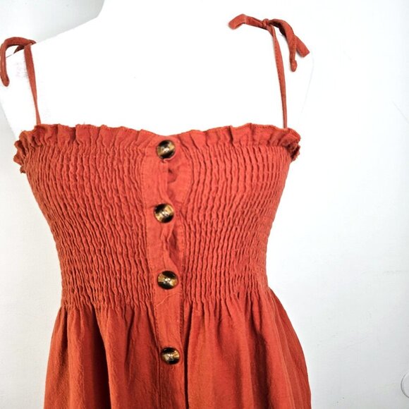 Women's Terra Cotta  Shoulder Tie Skater Smocked Button Front Mini Boho Dress - Picture 5 of 10